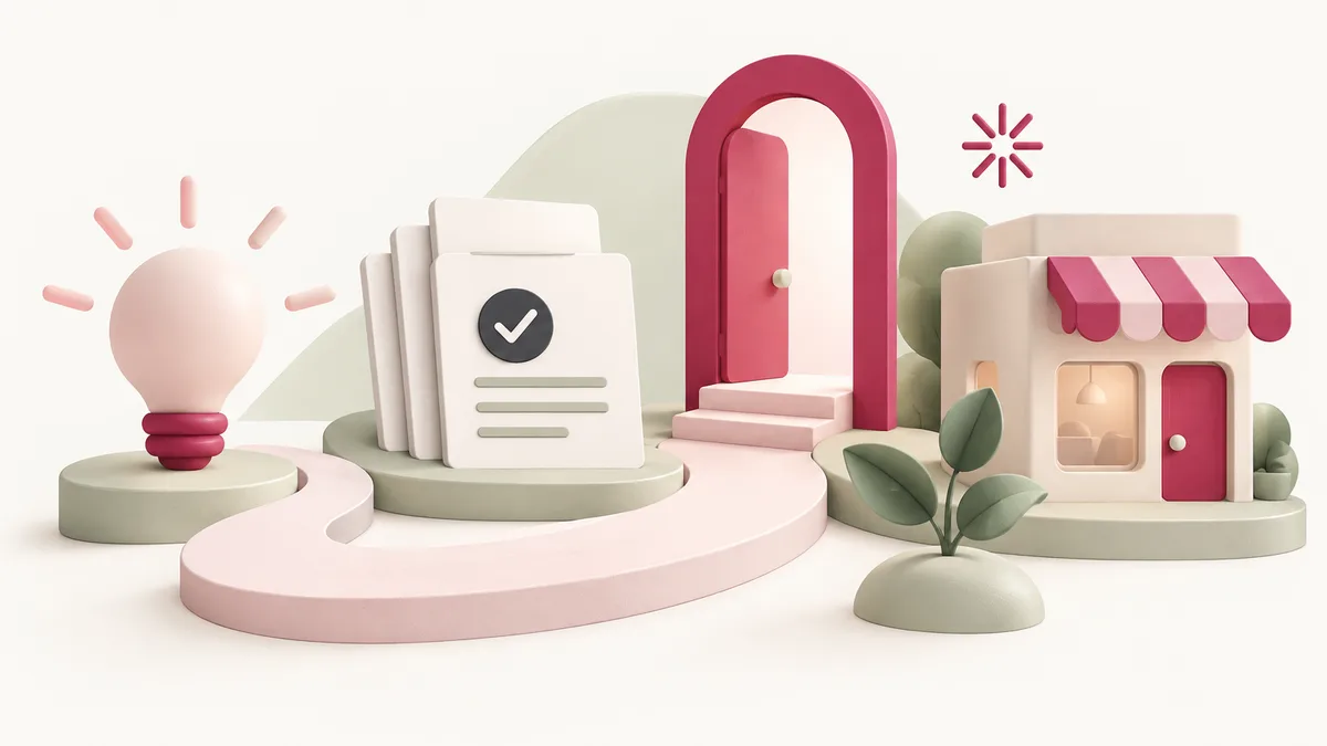 Ilustração de uma porta aberta, documentos e uma pequena loja representando o início de uma empresa