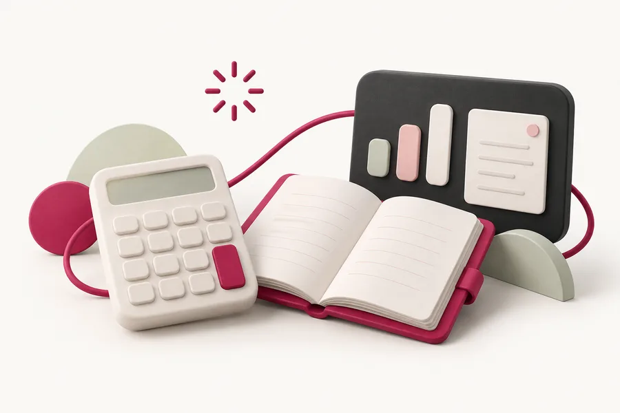 Ilustração de calculadora, livro de registros e documentos contábeis organizados
