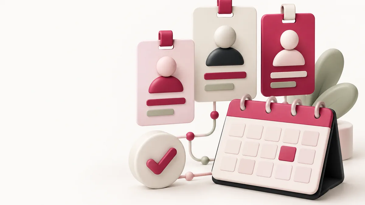Cartões abstratos de funcionários conectados a calendário e símbolo de conferência